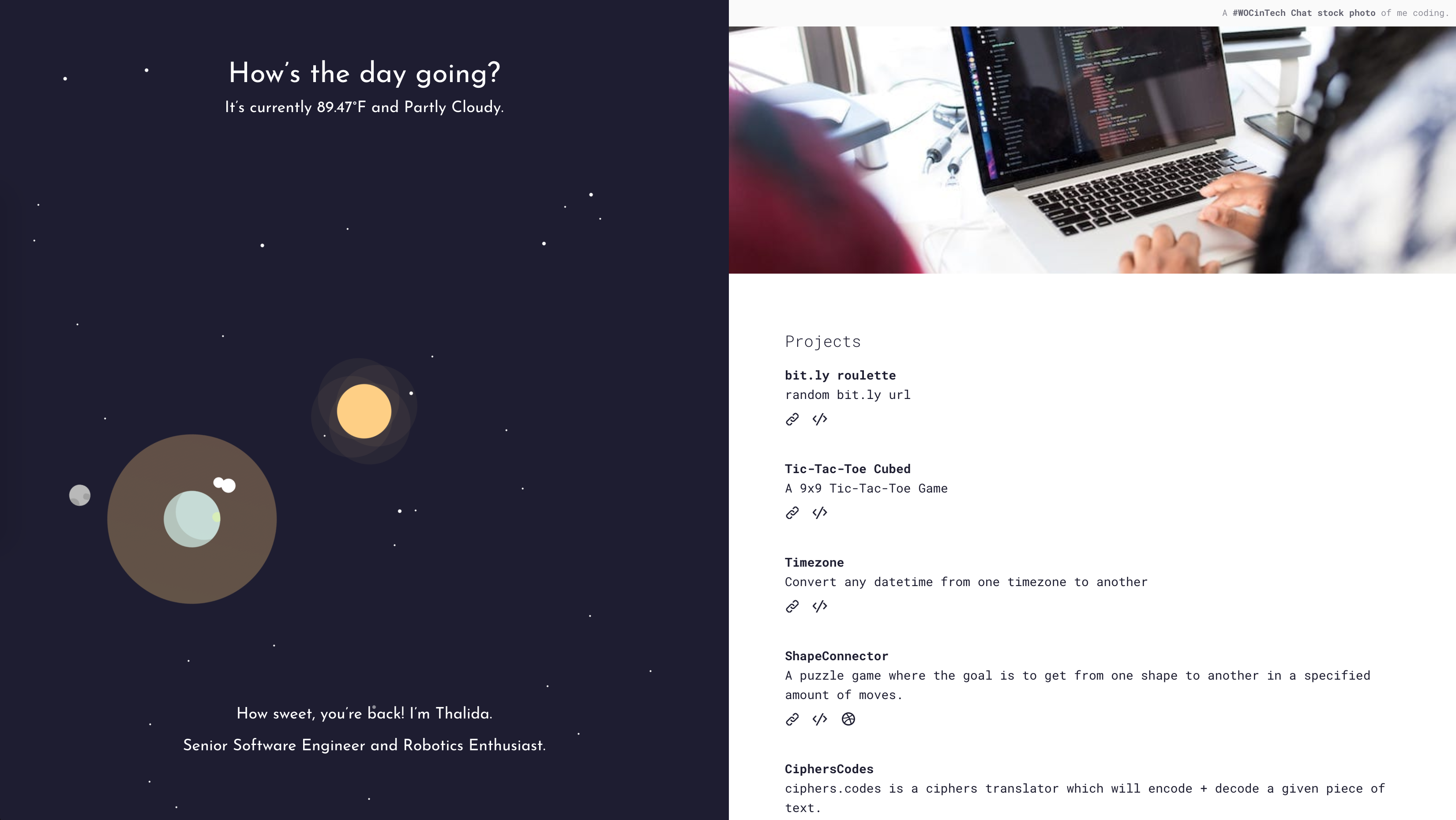 Screenshot of thalida.com: space calendar split version